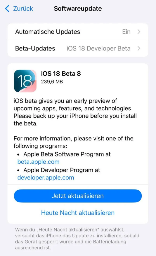 福清苹果手机维修分享苹果 iOS / iPadOS 18 开发者预览版 Beta 8 发布 